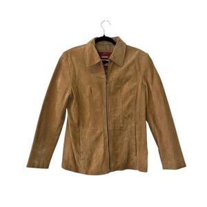Vintage 90s Y2K Suede Leather Jacket Tan Camel Zip-Up M